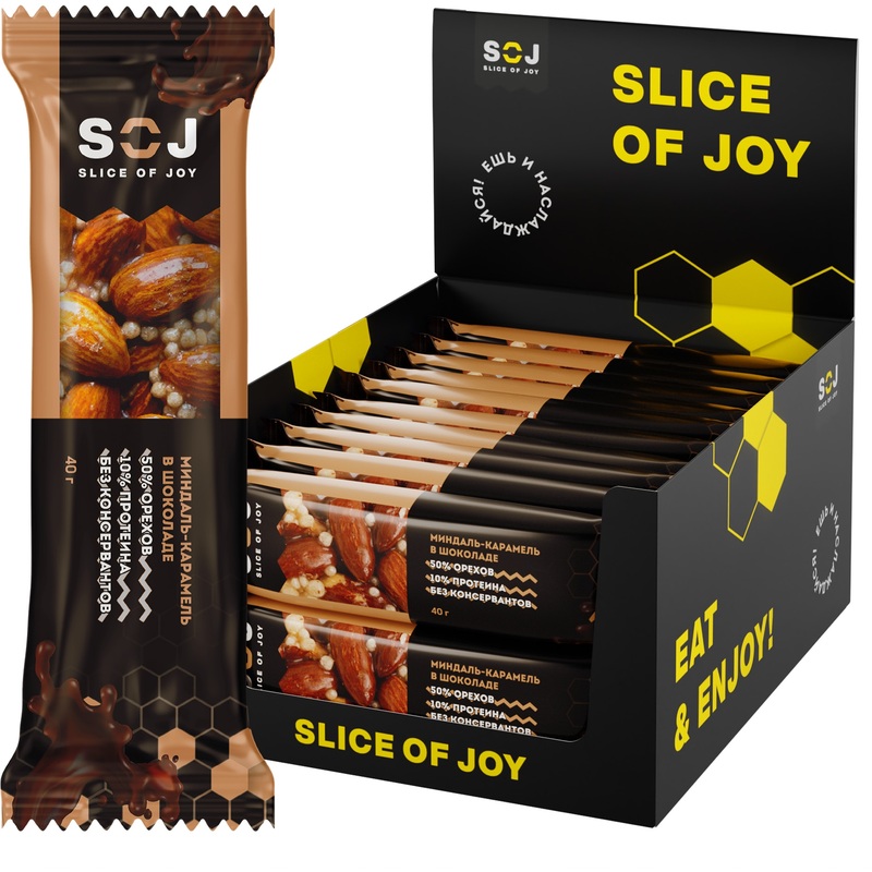 Изображение товара Батончик ореховый SOJ миндаль-карамель 40 г (20 батончиков в упаковке)