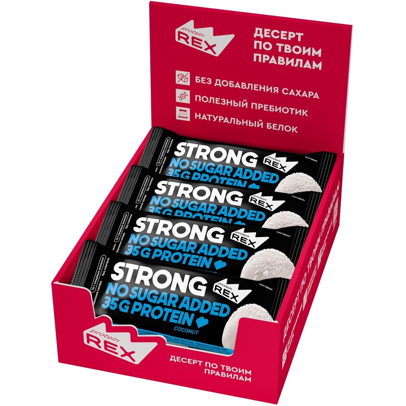 Изображение товара Батончик ProteinRex Strong кокос (12 штук по 100 г) Изображение товара Батончик ProteinRex Strong кокос (12 штук по 100 г)