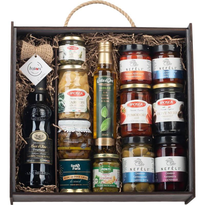 Изображение товара Подарочный набор деликатесов Italioni VIP №53 6.7 кг с оливковым маслом, фуа-гра и соусом песто