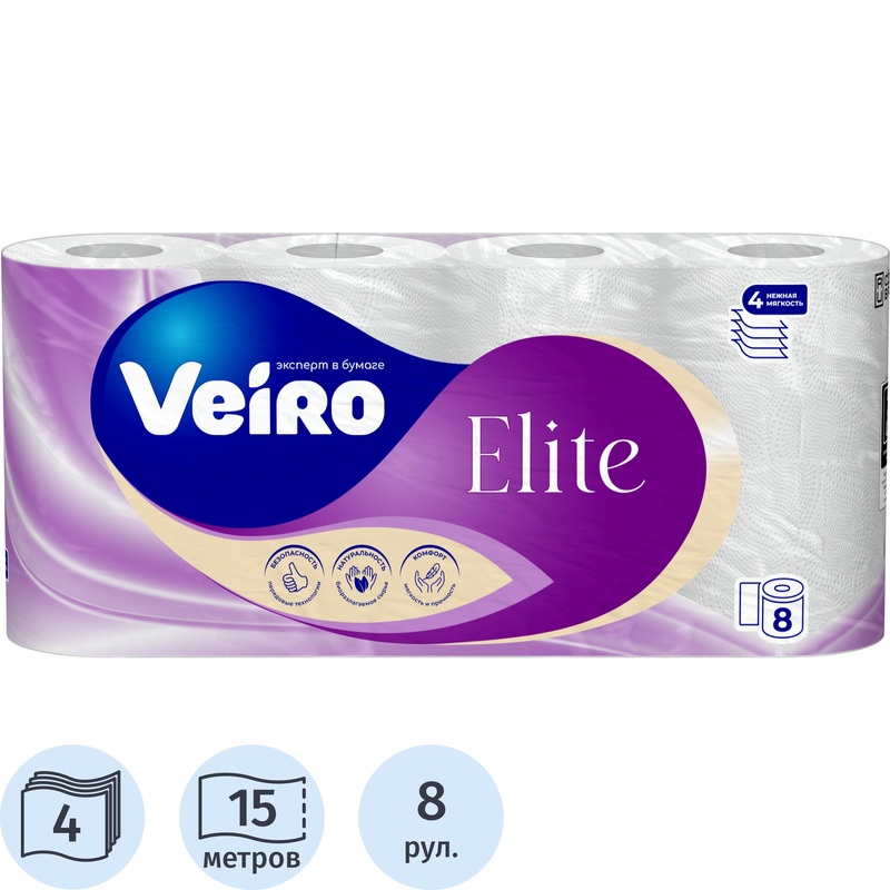 Изображение товара Бумага туалетная Veiro Elite 4-слойная белая, 8 рулонов в упаковке