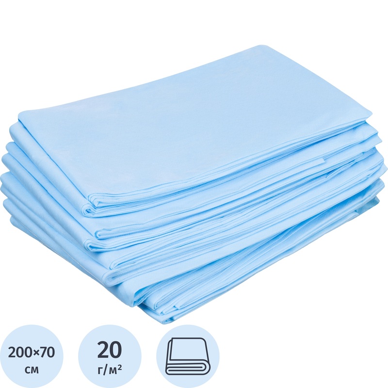 Изображение товара Простыня одноразовая Гекса нестерильная в сложении 200x70 см голубая 20 г/кв.м (10 штук в упаковке)
