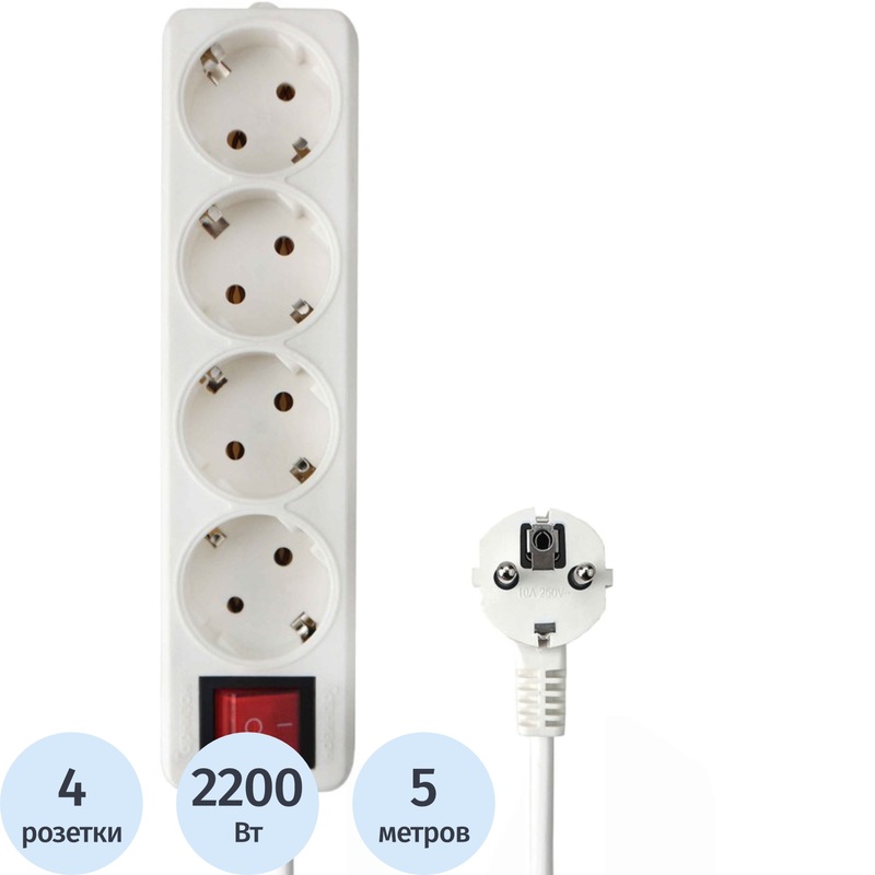 Изображение товара Удлинитель Гарнизон EL-NB-G4-W-5 4 розетки 5 м с заземлением и выключателем