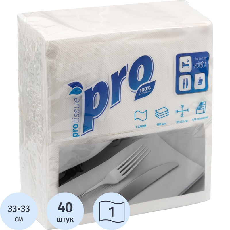 Изображение товара Бумажные салфетки Protissue 1-слойные 33x33 см белые 100 штук
