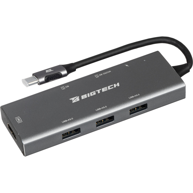 Изображение товара Разветвитель USB С HDMI microSD TF CardReader активный 3 порта алюминий серый