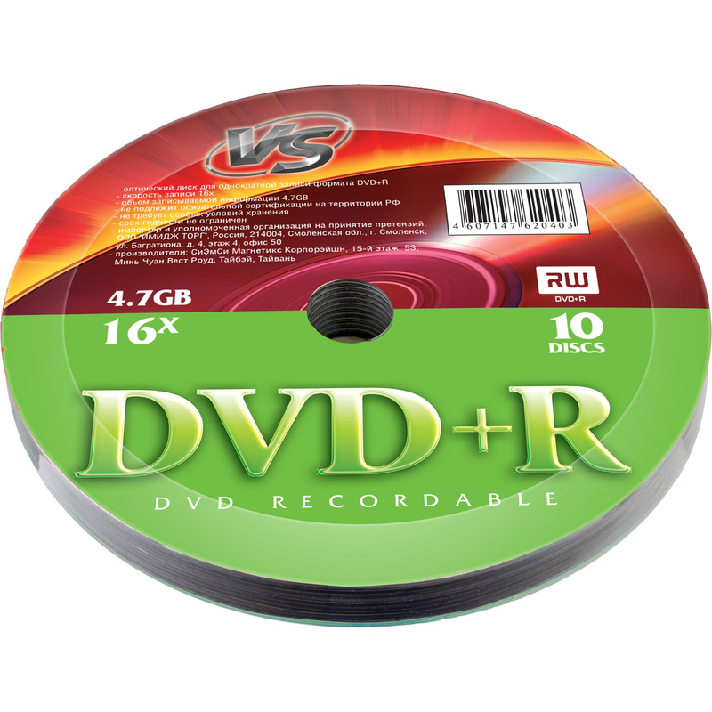 Изображение товара Диск DVD+R 4.7 ГБ 16x 10 штук В упаковке VS
