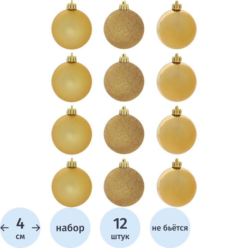 Изображение товара Набор ёлочных пластиковых шаров золотистых, 4 см, 12 шт льных украшений