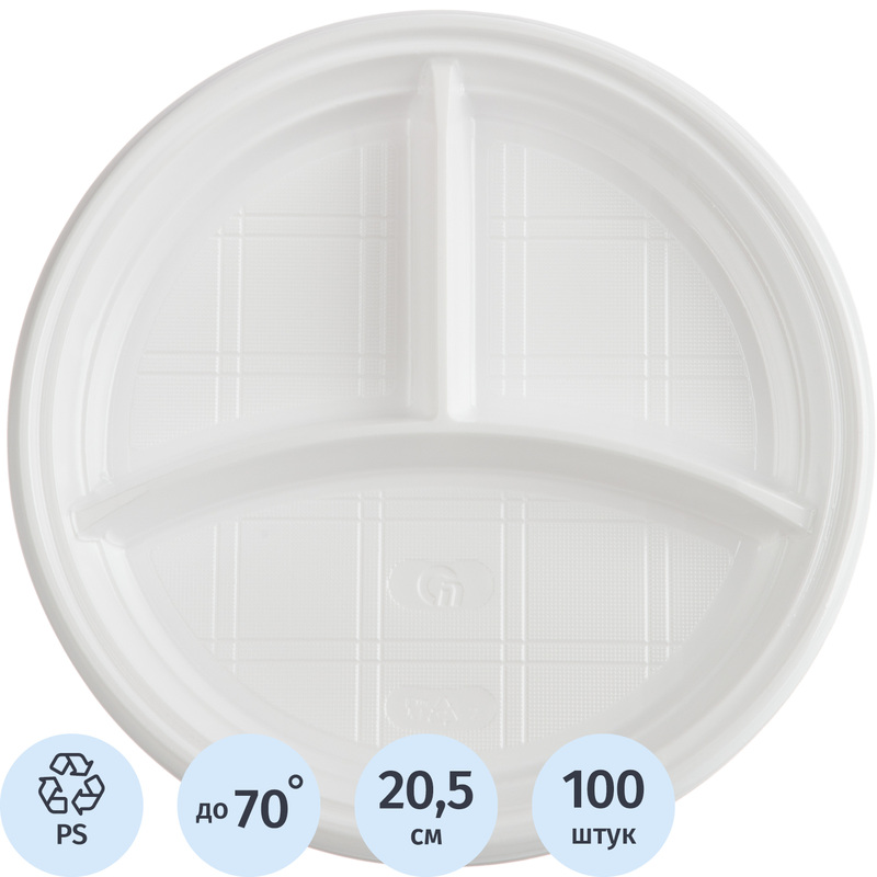 Изображение товара Тарелка одноразовая пластиковая Комус Эконом 205 мм белая 100 штук в упаковке (1273708)