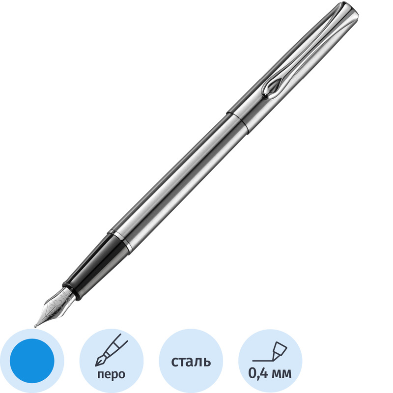 Изображение товара Ручка перьевая Diplomat Traveller Stainless Steel F цвет чернил синий, цвет корпуса серебристый (артикул производителя D10057495)
