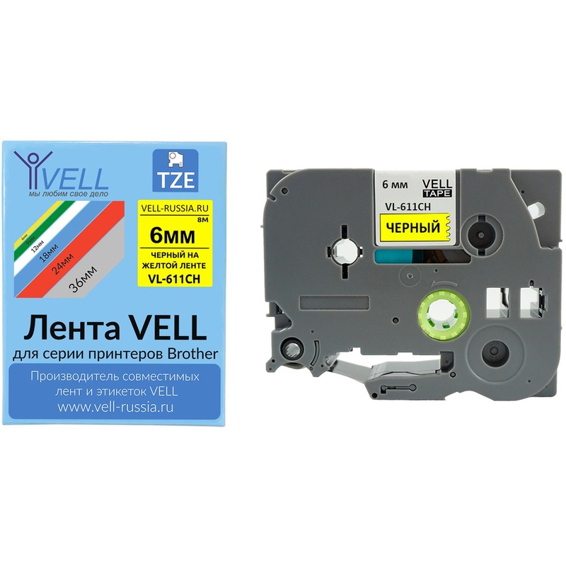 Изображение товара Картридж Vell VL-611CH для принтера этикеток Brother 6 мм 8 м желтый с черным