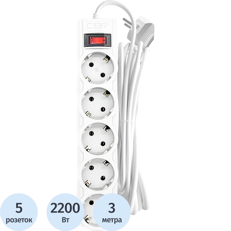 Изображение товара Сетевой фильтр CBR CSF 2505-3.0 White PC на 5 розеток 3 метра