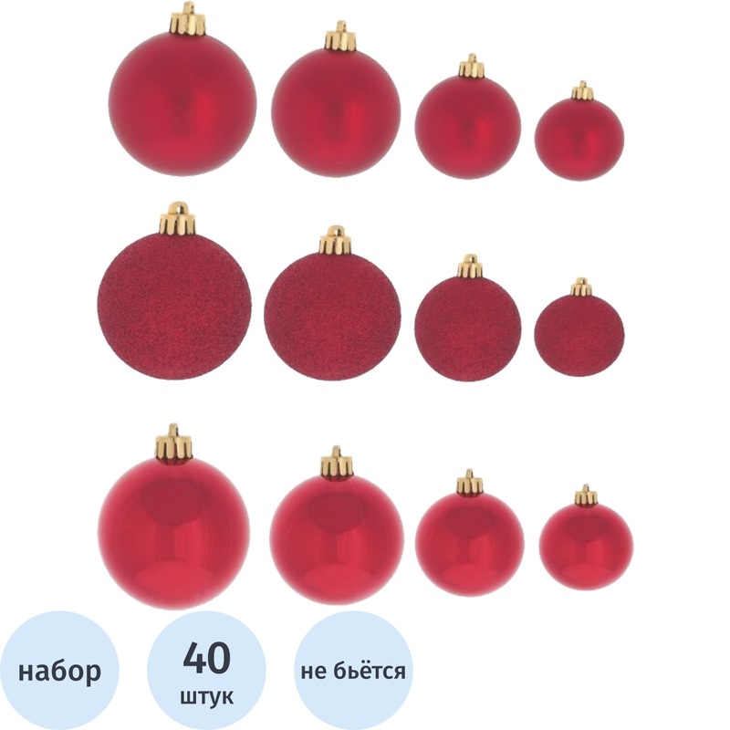 Изображение товара Набор ёлочных шаров пластик красный 40 штук разных размеров для украшения елки