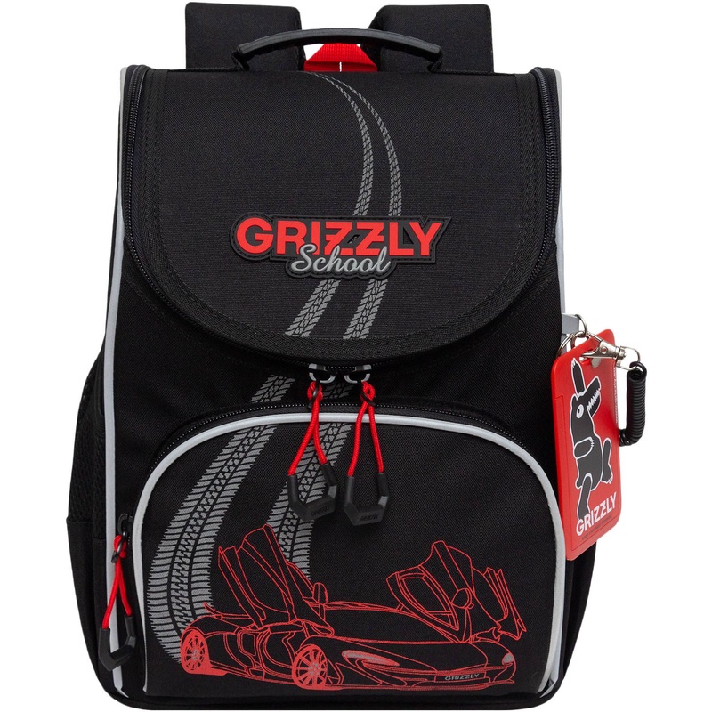 Изображение товара Детский школьный ранец Grizzly черный с машинками с одним отделением для мальчика