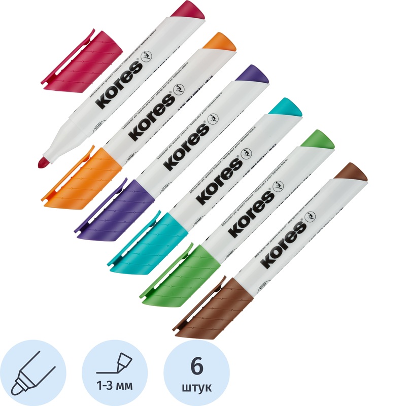 Изображение товара Набор маркеров для белых досок Kores 6 цветов, круглый наконечник, 3 мм