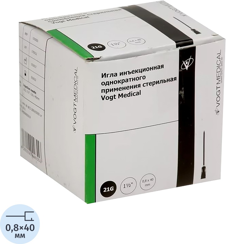 Изображение товара Игла инъекционная Vogt Medical Luer 21G 0.8 x 40 мм (100 штук в упаковке)