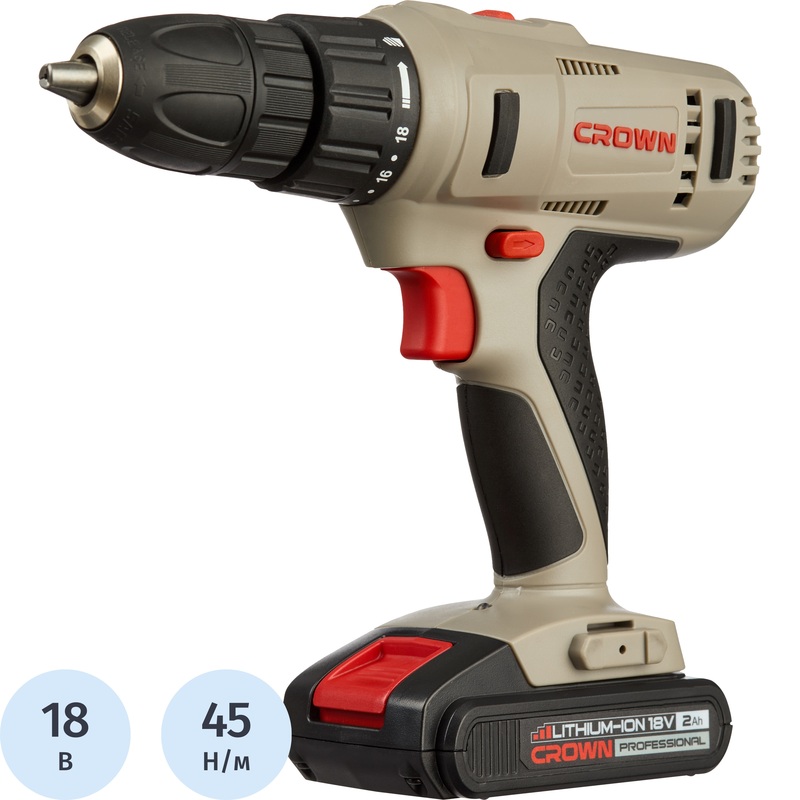 Изображение товара Аккумуляторная дрель-шуруповёрт Crown CT21056L-2 BMC с 2 АКБ