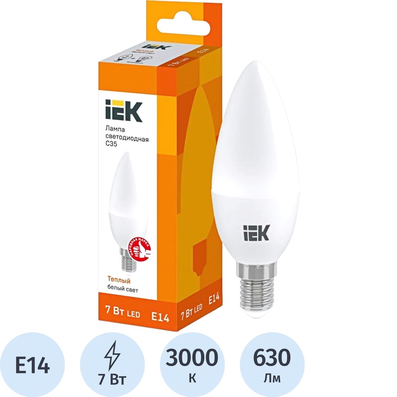 Изображение товара Лампа светодиодная IEK 7 Вт E14 C 3000 К 630 Лм матовая