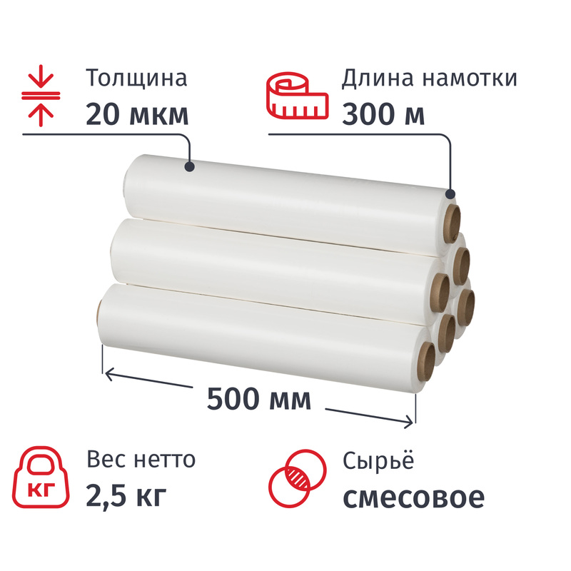 Изображение товара Стрейч-плёнка для ручной упаковки 2.5 кг 20 мкм 500 мм x 300 м белая смесовое сырьё (6 штук в упаковке )
