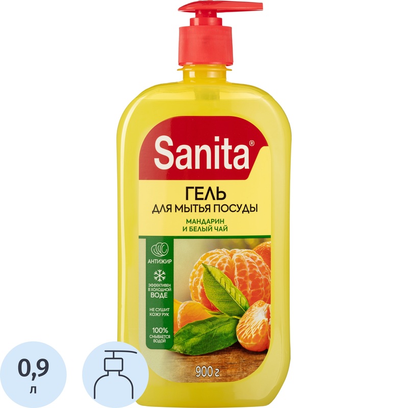 Изображение товара Средство для мытья посуды Санита Мандарин и белый чай гель 0.9 л с дозатором