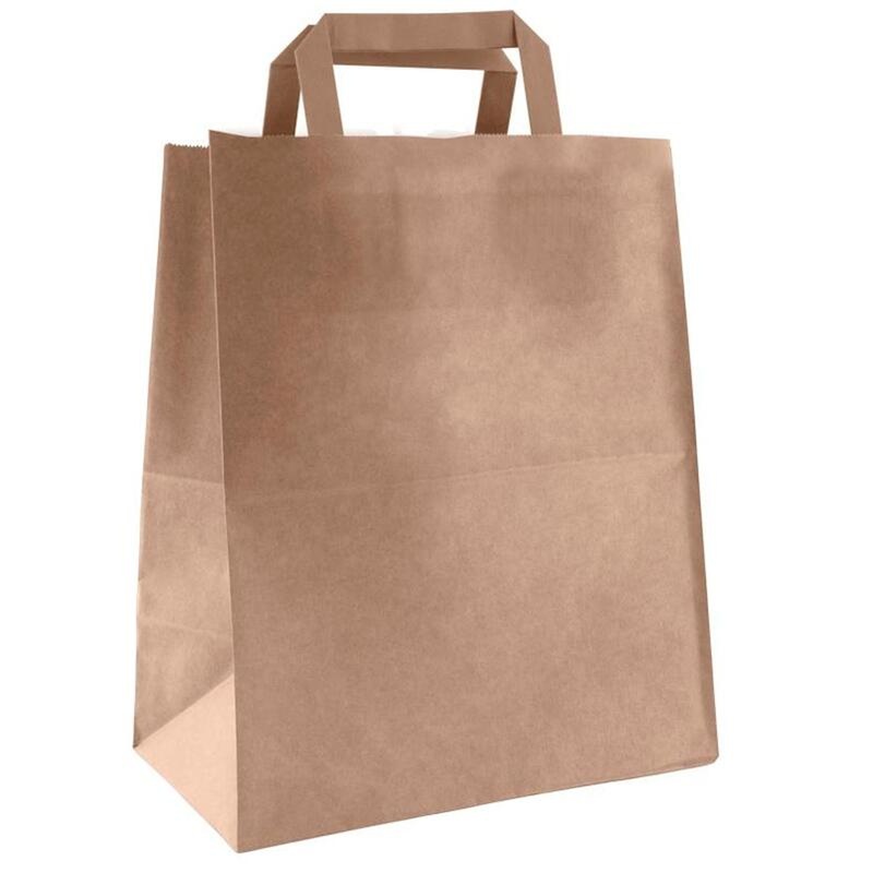 Изображение товара Уценка Крафт-пакеты бумажные с плоскими ручками 28x24x14 см 300 штук