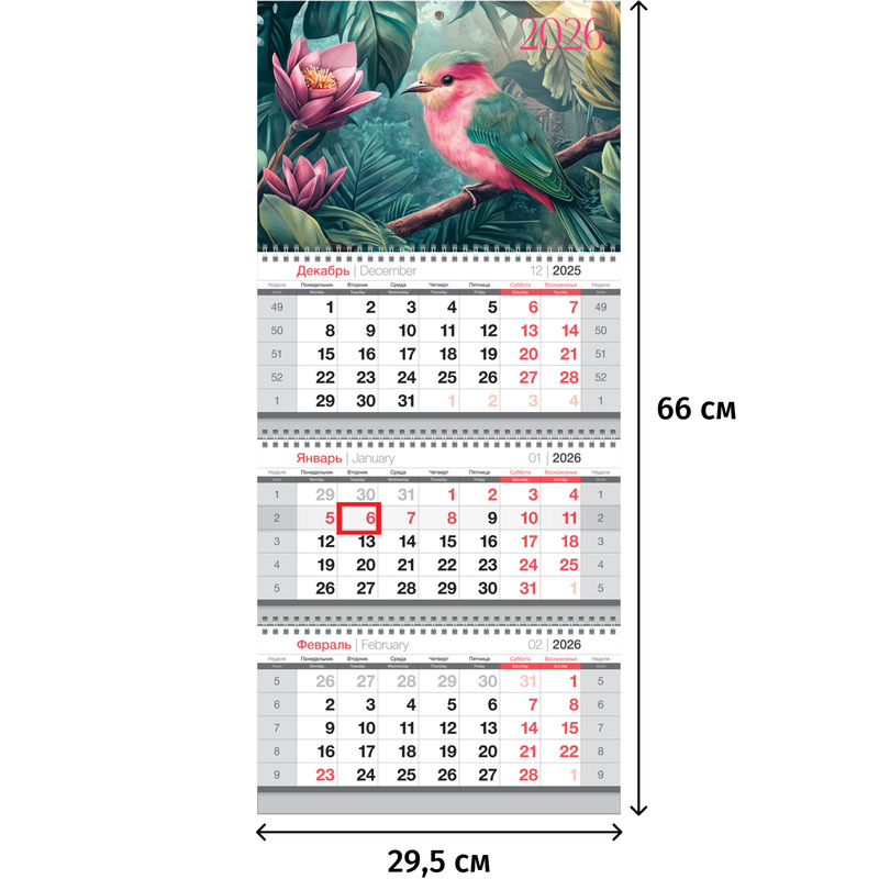 Изображение товара Настенный квартальный календарь 2026 Райская птица 3-х блочный 29.5x66 см
