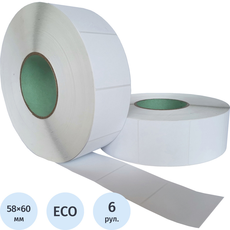 Изображение товара Термоэтикетки 58х60 мм ЭКО белые для термопринтеров, 6 рулонов по 3000 шт