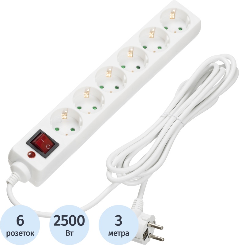 Изображение товара Сетевой фильтр BigTech CD6-3W1 на 6 розеток с защитой и длинным шнуром