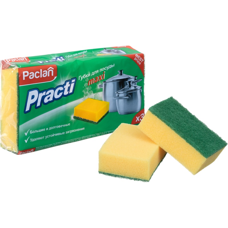Изображение товара Губка для посуды Paclan Practi Maxi поролон 9.5x6.5 см с абразивным слоем (3 штуки в упаковке)