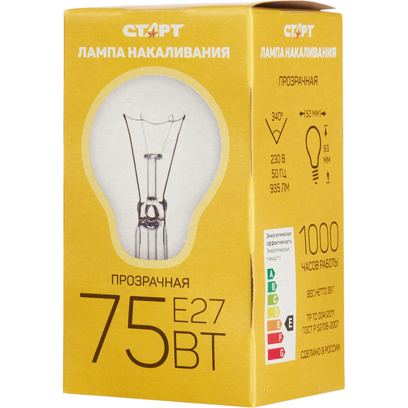 Изображение товара Лампа накаливания Старт 75 Вт E27 A 2700 К 935 Лм (10 штук в упаковке)