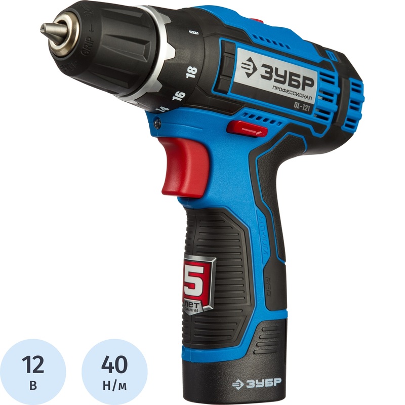 Изображение товара Профессиональная аккумуляторная дрель-шуруповёрт Зубр DL-121-22F с двумя АКБ 12В