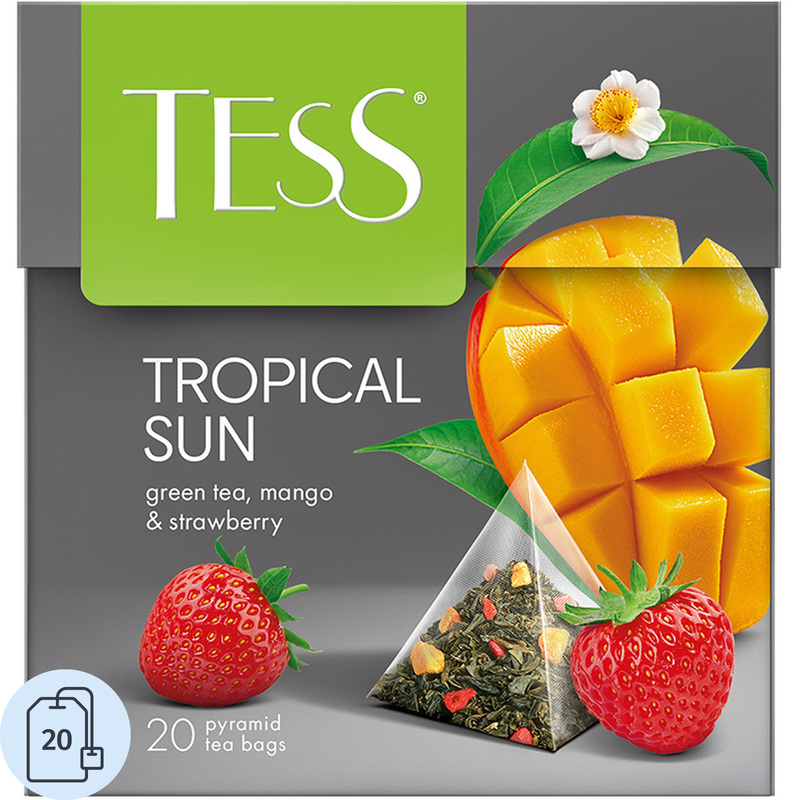 Изображение товара Чай зеленый Tess Tropical Sun с клубникой и манго в пирамидках 20 шт
