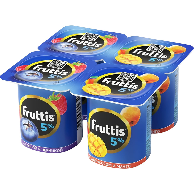 Изображение товара Йогурт Fruttis Сливочное лакомство малина-черника/абрикос-манго 5% 115 г