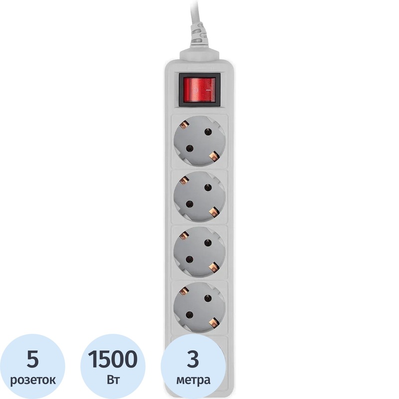 Изображение товара Сетевой фильтр PC Pet AP01006-3-G на 5 розеток 3 метра белый