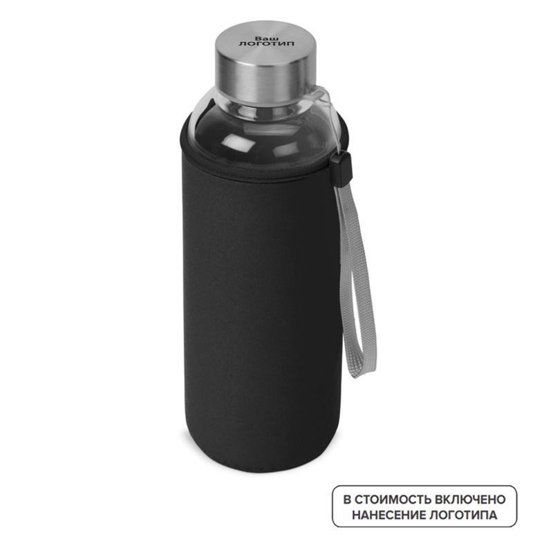 Изображение товара Бутылка Pure стеклянная в черном чехле 420 мл с индивидуальной гравировкой (25 штук в упаковке)