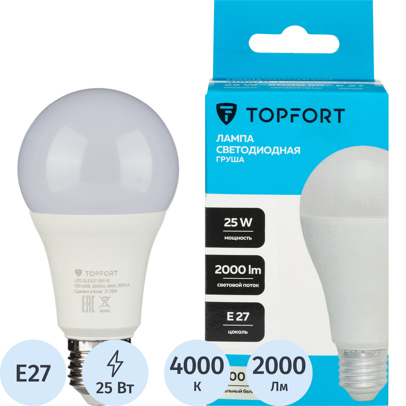 Изображение товара Лампа светодиодная TOPFORT 25Вт E27 A 4000К 2000Лм матовая