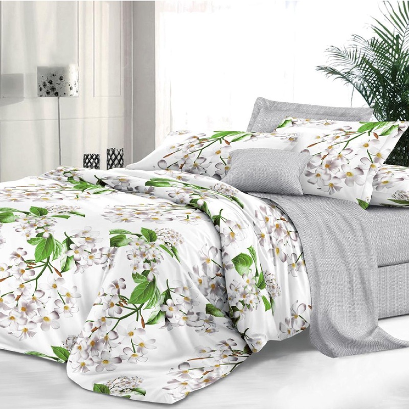 Изображение товара Постельное бельё Эльф Сиеста 2-спальное сатин с европростынёй белый, серый, зелёный