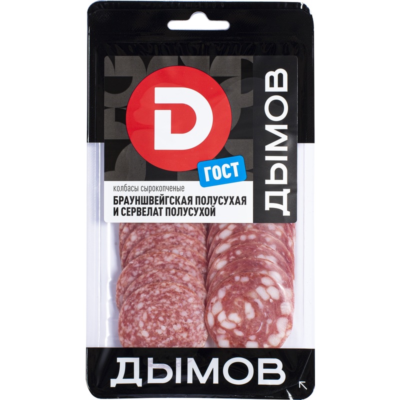 Изображение товара Колбаса Дымов ассорти Брауншвейгская и Сервелат сырокопченая нарезка 90 г