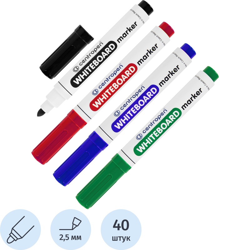 Изображение товара Набор маркеров для белых досок Centropen Dry-Wipe 4 цвета круглый наконечник (толщина линии 2.5 мм)