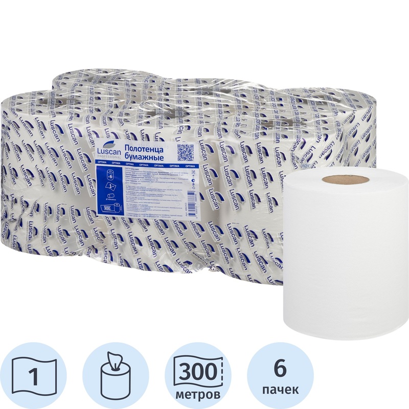 Изображение товара Лускан Профессионал M2 1 слой белые рулонные полотенца 6 рулонов по 300 м