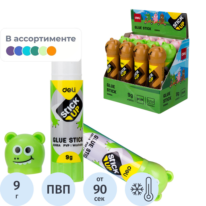 Изображение товара Клей-карандаш Deli 9 г с колпачком в форме зверька для детского творчества