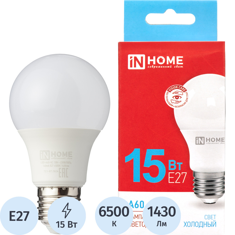 Изображение товара Лампа светодиодная In Home LED-A60-VC 15Вт Е27 6500К 1430Лм матовая