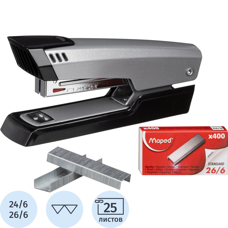 Изображение товара Степлер Maped Universal Metal до 25 листов серебристый/черный (скобы № 24/6, 26/6, скобы в комплекте 400 штук)