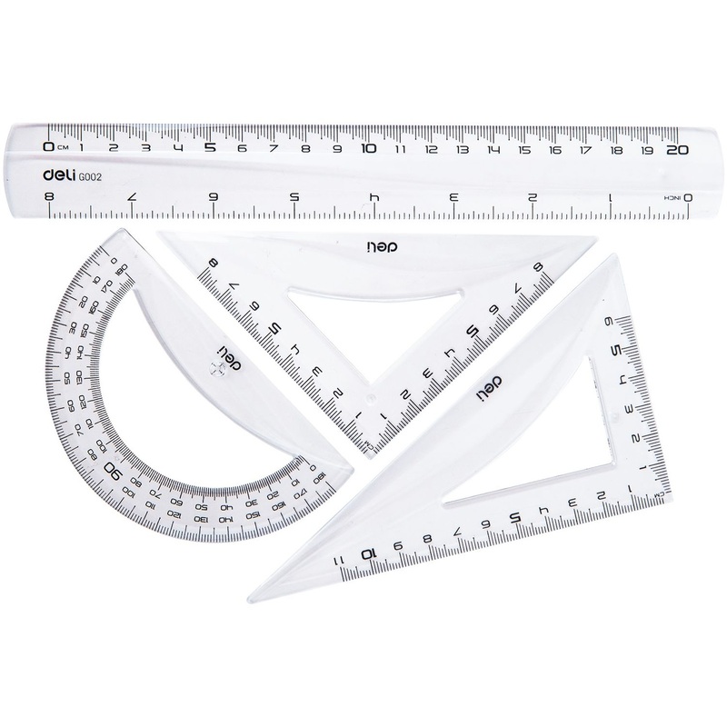 Изображение товара Набор чертёжный Deli EG00412 прозрачный (линейка, транспортир, 2 треугольника)