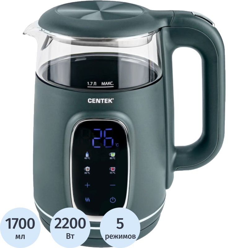 Изображение товара Электрический чайник Centek CT-0052 зеленый объем 1700 мл мощность 2200 Вт