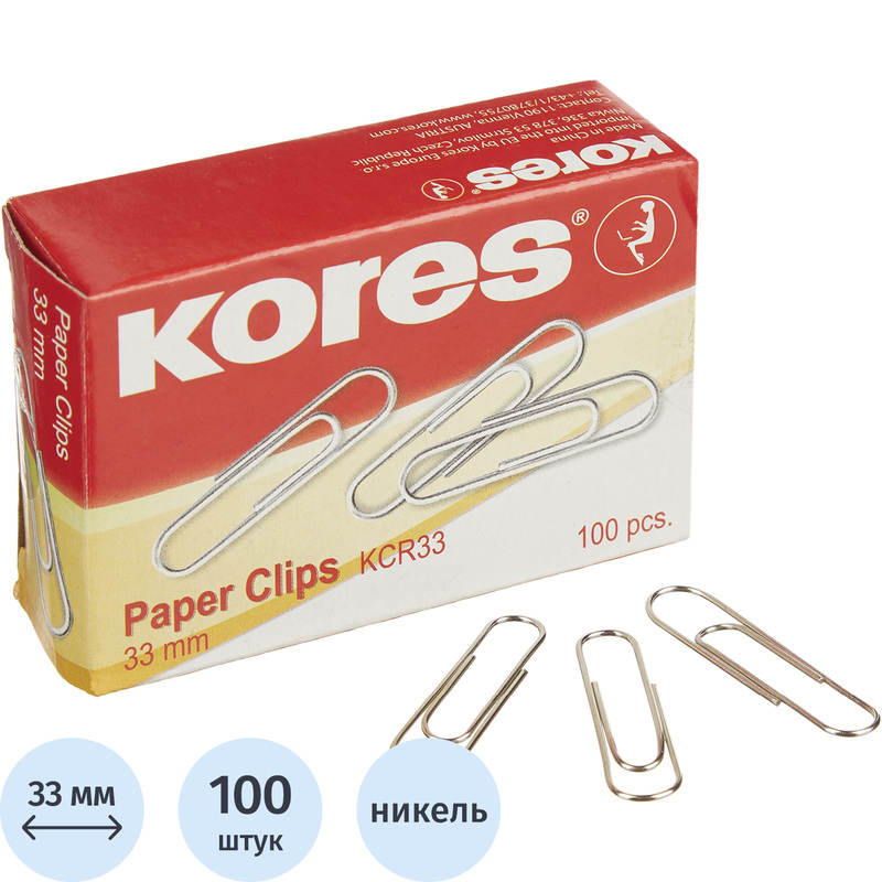 Изображение товара Скрепки канцелярские 33 мм Kores металлические никелированные (100 штук в упаковке)