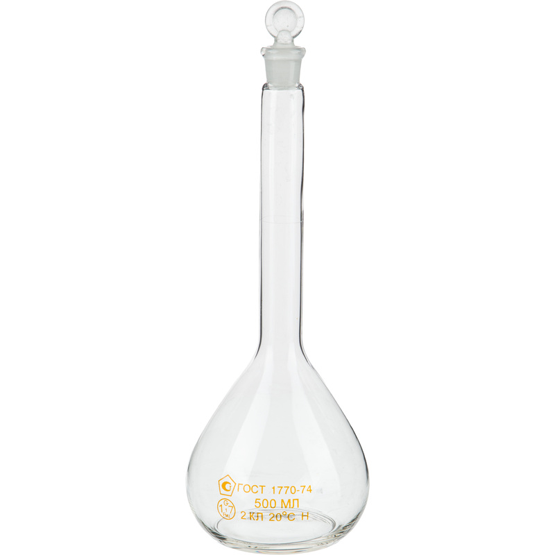 Изображение товара Мерная колба стеклянная объемом 500 мл с пробкой для лабораторных работ