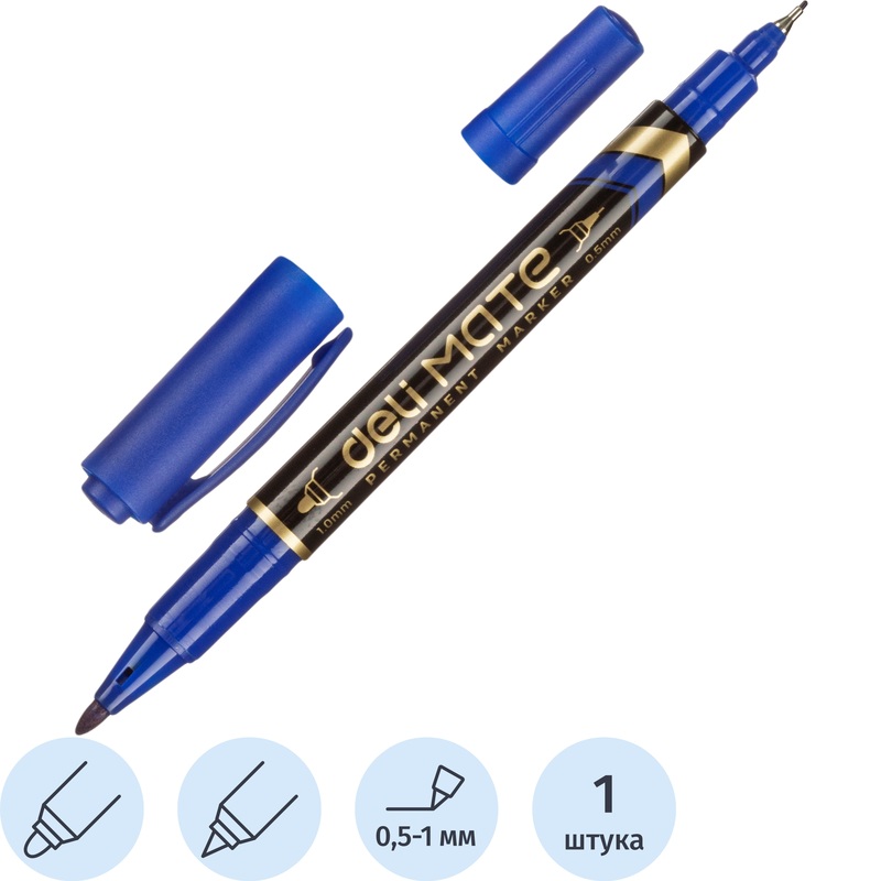 Изображение товара Перманентный двусторонний маркер Deli Mate с синими чернилами 0.5 мм и 1 мм