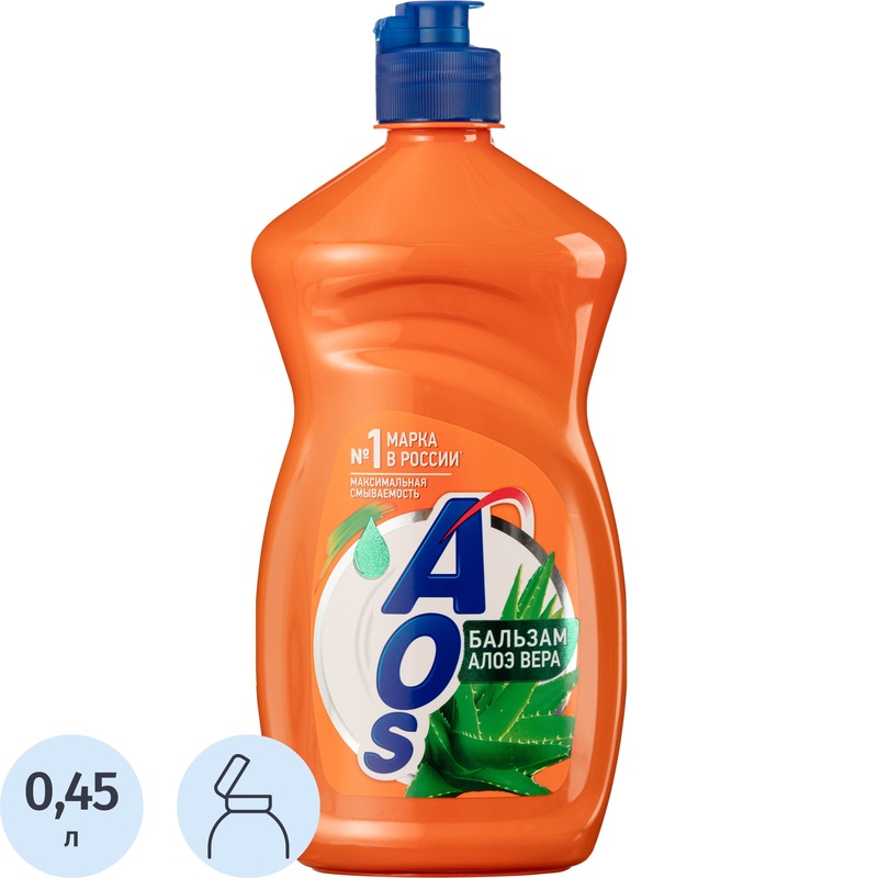 Изображение товара Средство для мытья посуды AOS Бальзам Алоэ Вера гель 0.45 л для чистки и ухода