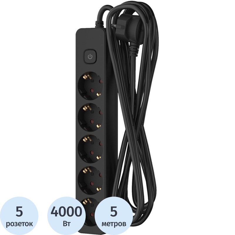 Изображение товара Удлинитель Фотон 16-55ЕS 5 розеток 5 м заземление выключатель черный