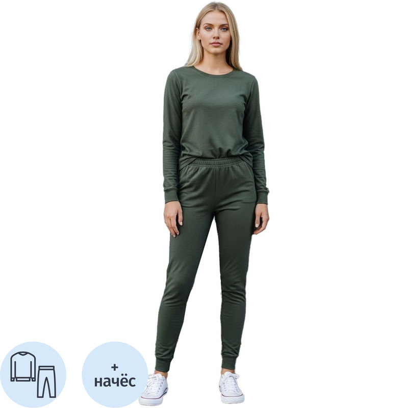 Изображение товара Женское зимнее хлопковое бельё с начёсом комплект фуфайка и кальсоны оливковое