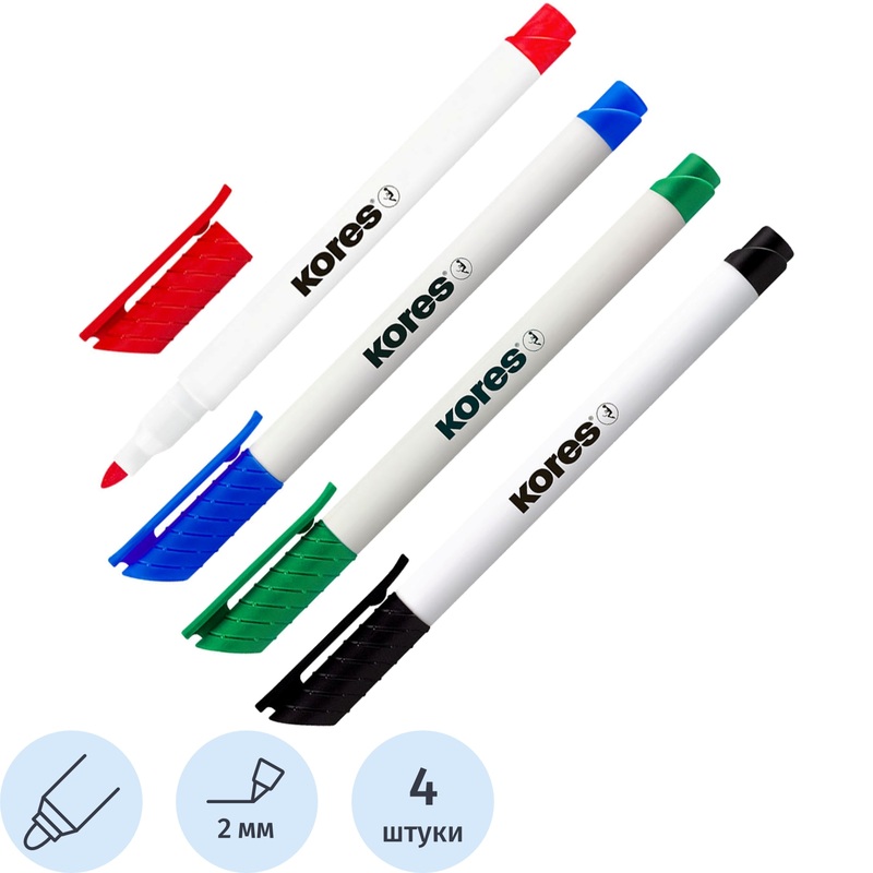 Изображение товара Набор маркеров для досок Kores 22840 Толщина 2 мм 4 цвета круглый наконечник